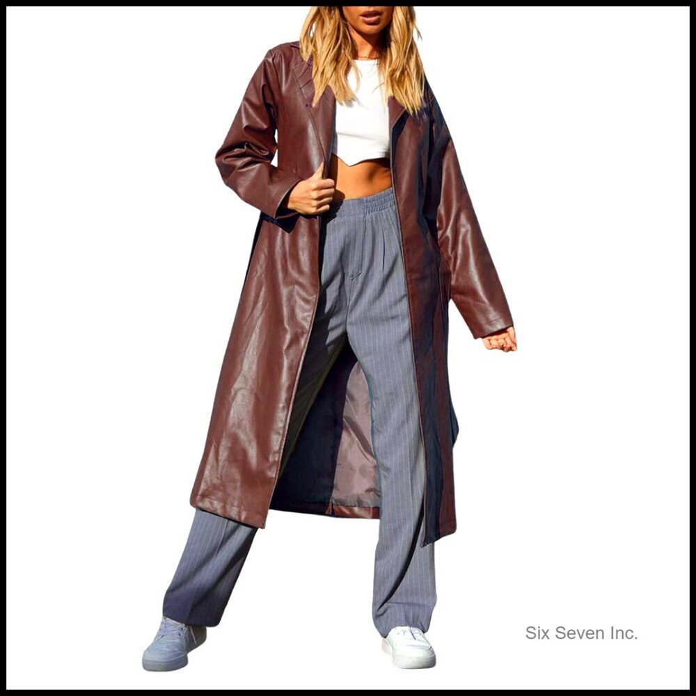 Women's Long Trench Coat PU Leather Open Front with Belt Below Knee
